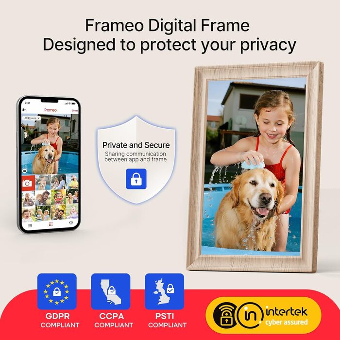 Frameo Цифровий фоторамка 10.1 дюймів, HD 1280*800 IPS сенсорний екран, 32GB пам'ять, автоповорот, Frameo App для обміну фото та відео, білий дерев'яний масив