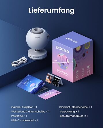 POCOCO Зоряний Проектор Sternenhimmel: LED Галактика, Планетарій для Дітей та Дорослих, Нічник Aurora з 2 Дисками, Таймером, для Розслаблення