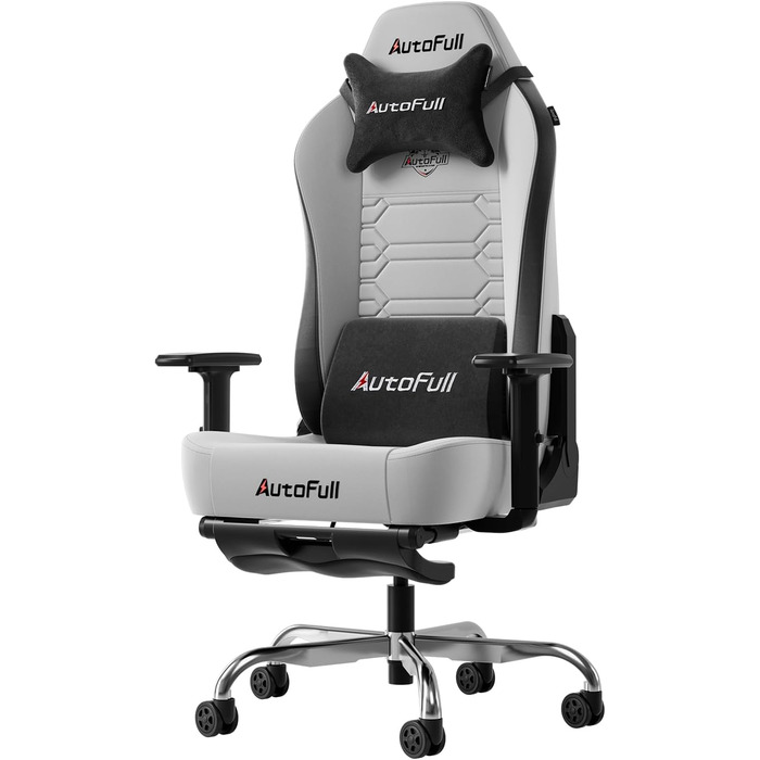 Ігровий крісло AutoFull C3 з ергономічною підтримкою спини | З регульованими підлокітниками, підставкою для ніг, подушками для голови та попереку | Макс. вага 150 кг | Сірий з тканинного покриття