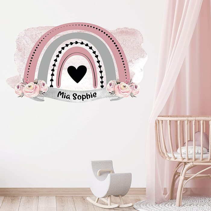 Наклейка на стіну дитяча кімната Веселка з ім'ям, персоналізованим для хлопчиків і дівчаток, наклейка на стіну дитяча кімната Дитячі наклейки, сердечко /(рожевий, 88x50 см)