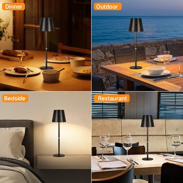 LED-лампа настільна OUTON 2 шт. бездротова з LED-індикатором, сенсорне керування, 3 колірні температури, USB-C зарядка, IP54 водостійкість, 30 годин роботи – для дому та на подарунок, чорний