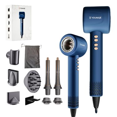 Мультифункціональний фен для волосся 5-в-1 з іонною технологією, набір насадок (локони, випрямлення, дифузор, концентратор), 1600W, LED-дисплей, 4 режими температури, магнітні насадки, Блакитний/Золотий