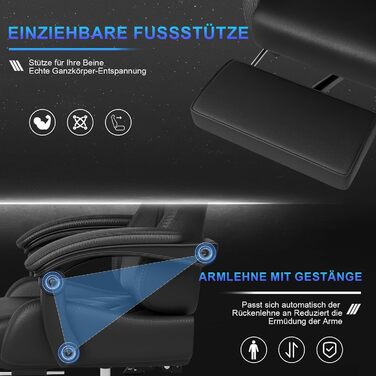 Ігровий крісло JUMMICO з масажем, ергономічний офісний крісло з підголовником для попереку, регульована спинка 90-135°, підставка для ніг, чорний, до 150 кг