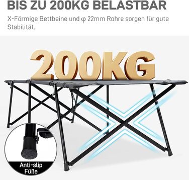 Складане польове ліжко EVER ADVANCED XXL для кемпінгу, 200 кг, 214x79x50 см, з бічною кишенею, стійке та портативне для відпочинку, подорожей, саду, вулиці та дому