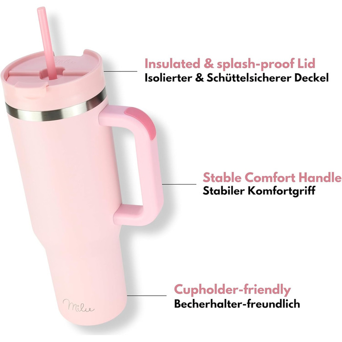 Термокружка Milu 1200 мл з трубочкою та ручкою – подарунок на Великдень для жінок та чоловіків. Ідеї подарунків для тата, мами, друга, подруги. Подарунки на День батька та День матері. Подарунки для дідуся та бабусі (1200 мл, Blossom Pink)