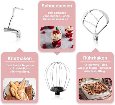 Кухонна машина Clatronic KM 3711 рожева 1100 Вт | 5л, з гаками для тіста та насадкою для збивання | для 3 кг тіста