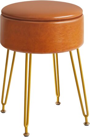 Пуф-табуретка з велюру круглої форми, золоті ніжки, для макіяжу та відпочинку, L/G-30P (з ящиком для зберігання, світло-коричневий)