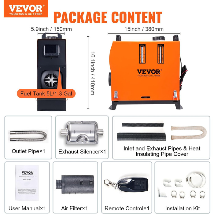Автономний дизельний опалювач VEVOR 12V 5kW з LCD-дисплеєм та пультом дистанційного керування - дизельний опалювач повітряного типу