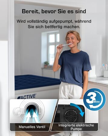 Надувне ліжко Active Era Luxus для 2 осіб з електричним насосом та інтегрованим подушками, 200 x 150 x 36.5 см - ідеально для кемпінгу та гостей