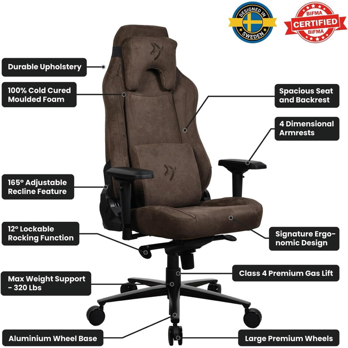 Ігровий та офісний крісло Arozzi Torretta Premium з SoftFabric™, 3D підлокітники, висока спинка, регульована решітка, 2 подушки (Коричневий)