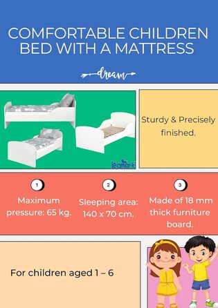 Дерев'яне ліжко Leomark Lovely Unicorn для дітей з матрацом, бортиками та ламелями, 70/140 см, з УФ-друком