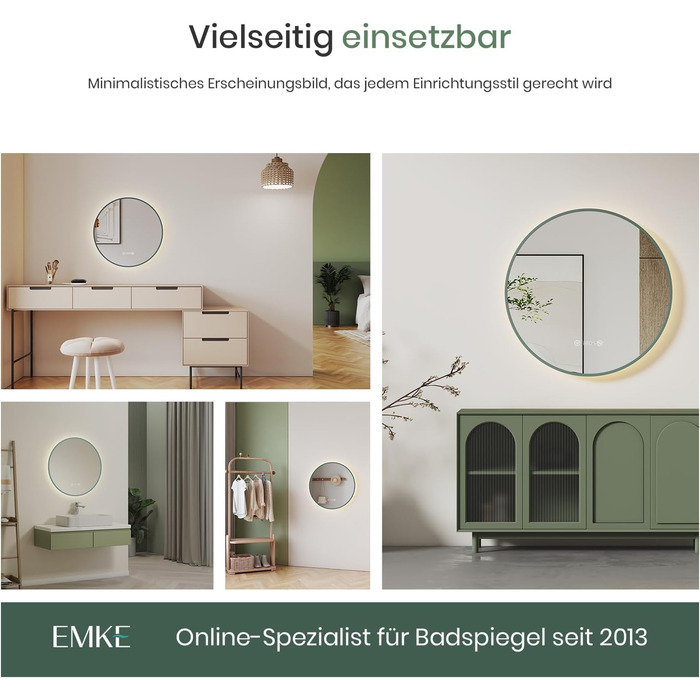 Круглий дзеркало для ванної кімнати EMKE з підсвічуванням 60 см - з антизапарюванням, регулюванням яскравості, годинником, індикатором температури, сенсорним керуванням, функцією пам'яті, енергозберігаючий. Розмір: 80x80 см.