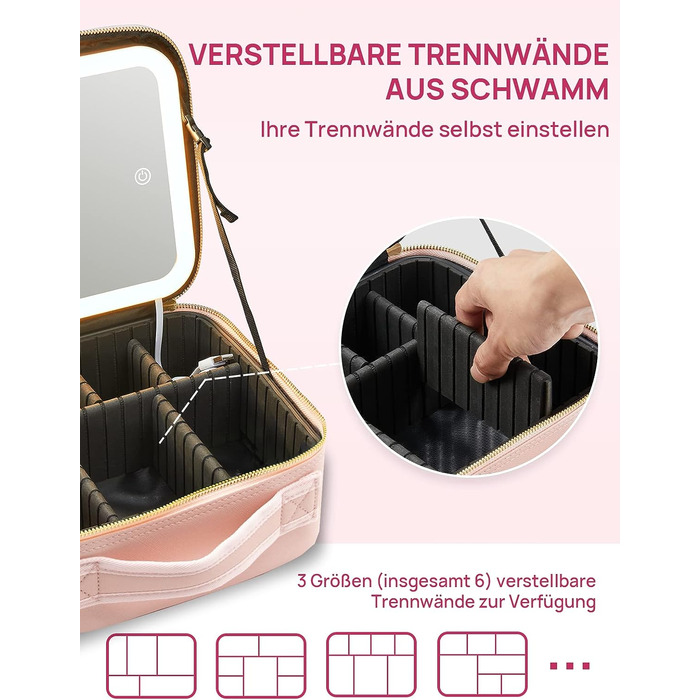 Косметичка OMIRO з великим дзеркальним підсвічуванням Косметичка для макіяжу Косметичка для подорожей з дзеркальною туалетною сумкою Органайзер з косметичним дзеркалом для руху (рожевий, низький) (L-Pink, з підсвічуванням-v1)