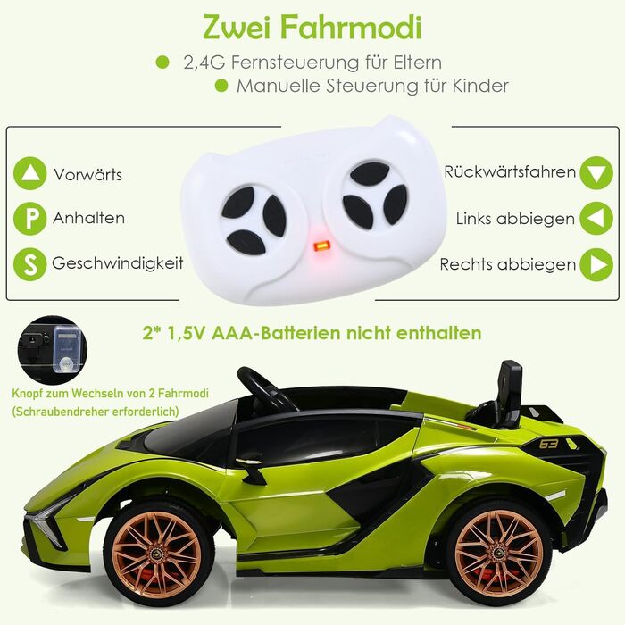Дитячий електромобіль Lamborghini 12V з пультом, ременем безпеки, світлом, музикою та сигналом, електрокар для дітей від 3 років, зелений