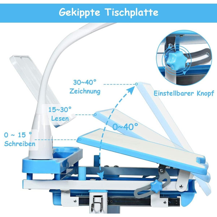 Дитячий стіл COSTWAY регулюється по висоті, Письмовий стіл для учнів з лампою, Дитячі меблі з регулюванням нахилу, Дитячий стіл зі стільцем, Письмовий стіл з ящиком, Вибір кольору (світло-блакитний)