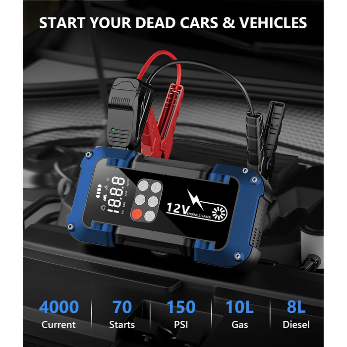Портативний пусковий пристрій Starthilfe Powerbank з компресором 150PSI, 4000A, 12V для автомобілів та 8.0L дизель, 26800mAh, 4-в-1 з LED-ліхтариком та LCD дисплеєм