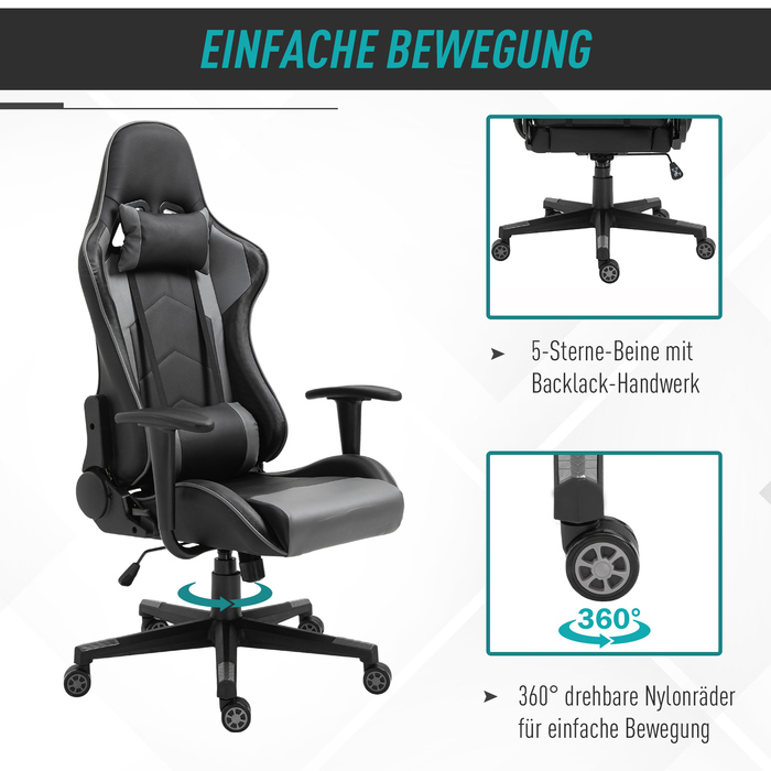 Крісло ігрове Vinsetto Ergonomic, поворотне, з екошкіри та піни, чорного кольору, розміром 67,5x74x126-136 см, для комфортної роботи та ігор.