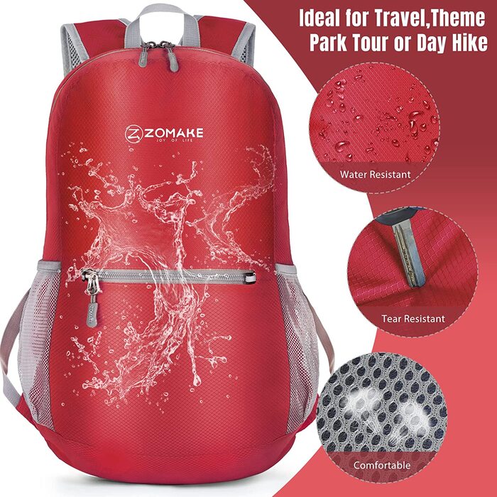 Надлегкий складаний рюкзак ZOMAKE об'ємом 20 л, невеликі рюкзаки, водонепроникний похідний рюкзак, що упаковується рюкзак для жінок і чоловіків, походи на відкритому повітрі (червоний)