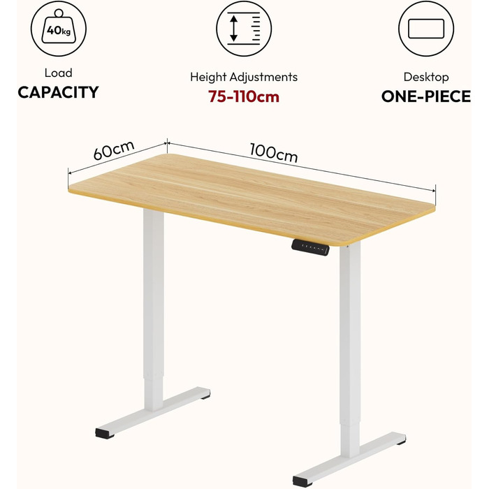 Регульований стіл Sanodesk 110x60 см з суцільною стільницею – компактний стоячий стіл для маленьких приміщень, ергономічний та стильний, білий (100 x 60 см, горіх)