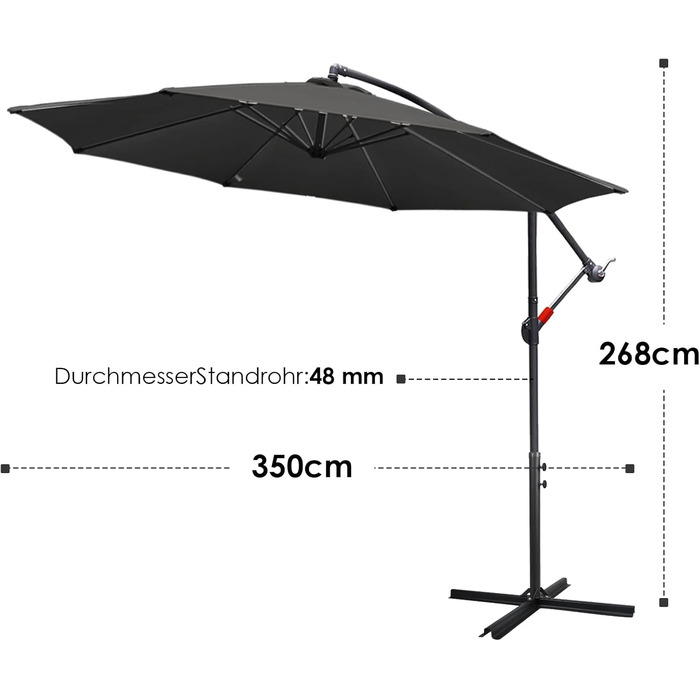 Садова парасолька від сонця Alu Ampelschirm з ручкою-курбою, Ø300 см, сіра, з UV-захистом та водовідштовхувальним покриттям