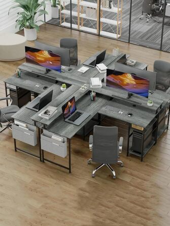 Кутовий ігровий стіл L-подібний з LED-підсвічуванням та розетками, 140x140 см, сірий, з полицями та кишеньками для дому та офісу