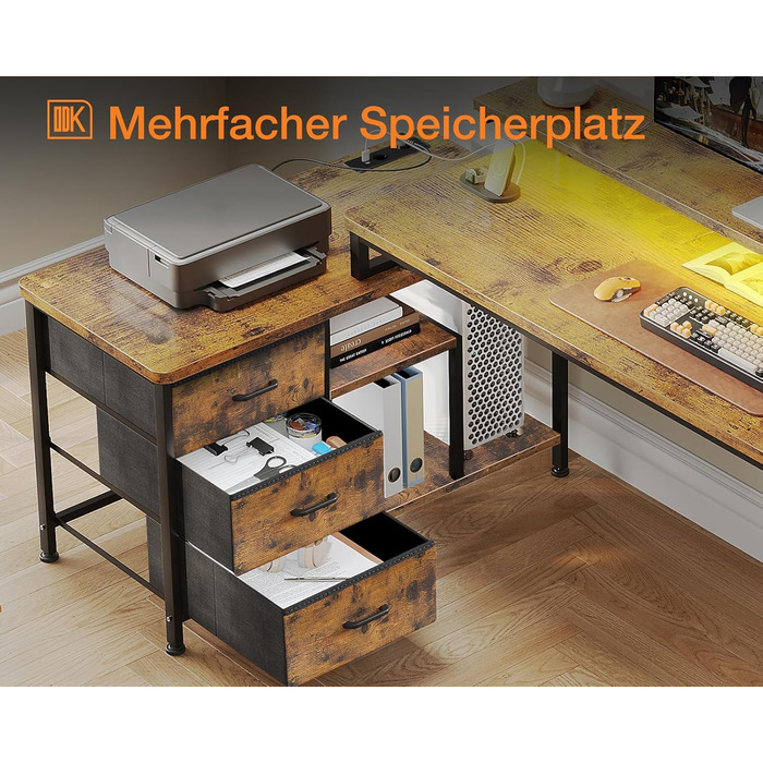 Кутовий стіл ODK з ящиками 174x100 см, з полицею, реверсивний, для геймінгу, офісу, дому, коричневий
