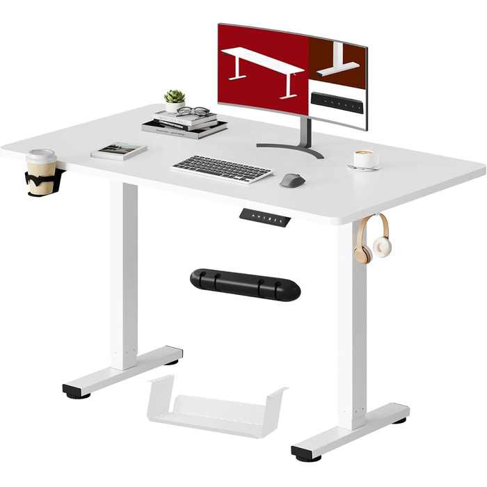 Регульований стіл Sanodesk 110x54 см – компактний стоячий стіл з аксесуарами, для маленьких приміщень, з антиколізійним захистом (білий)