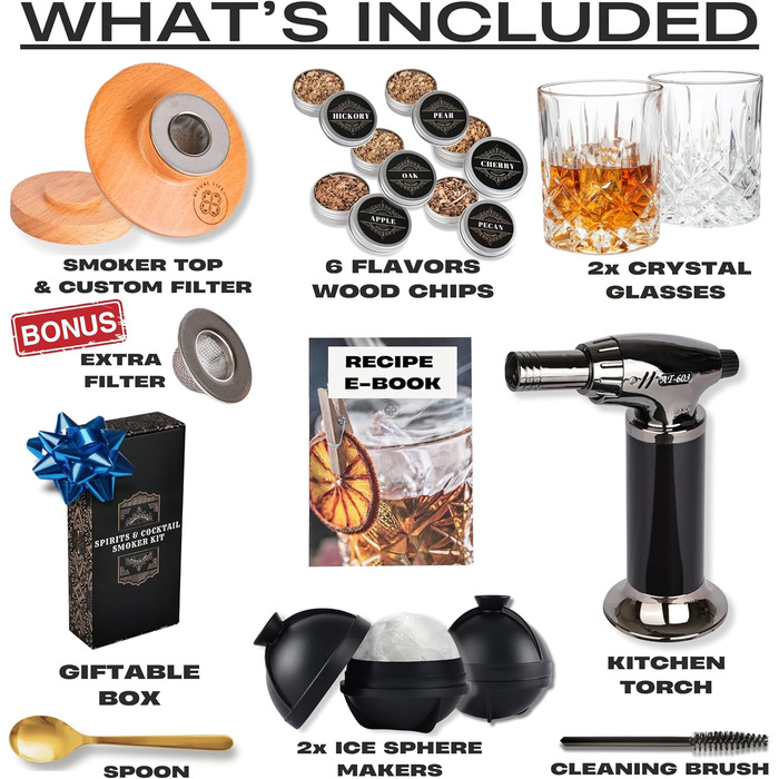 Набір для копчення віскі - Копчення коктейлів з факелом, 2 склянки віскі, 2 форми для льоду, 6 смаків тирси - Набір для копчення бурбону Old Fashioned - Подарунок для любителів бурбону