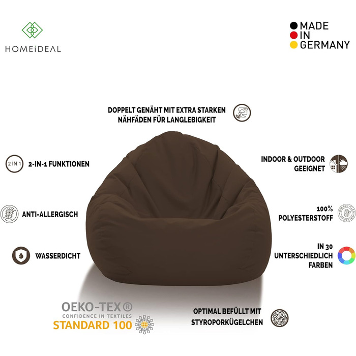 Подушка для підлоги Beanbag XXL для дорослих і дітей - підходить для ігор або відпочинку - в приміщенні та на вулиці, оскільки вона водонепроникна - з намистинами EPS, колір коричневий, розмір XL