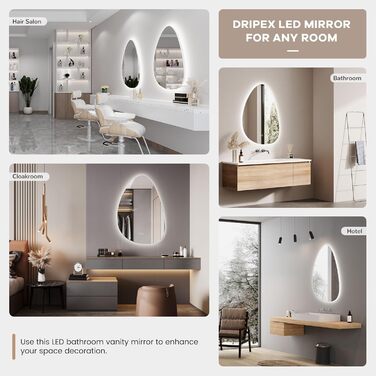 Дзеркало для ванної кімнати Dripex LED з підсвічуванням, сенсорне керування, регулювання яскравості, 3 кольори світла, без запотівання, 85x52 см