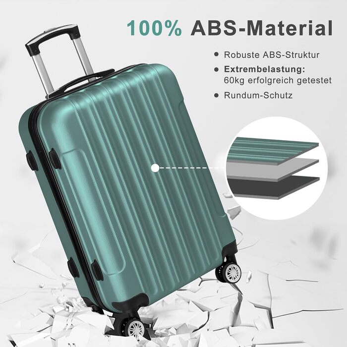 Набір валіз LEADZM 4 шт. з жорстким корпусом, ABS, з колесами, великі, для подорожей, з косметичкою (Турквіс, смужки)