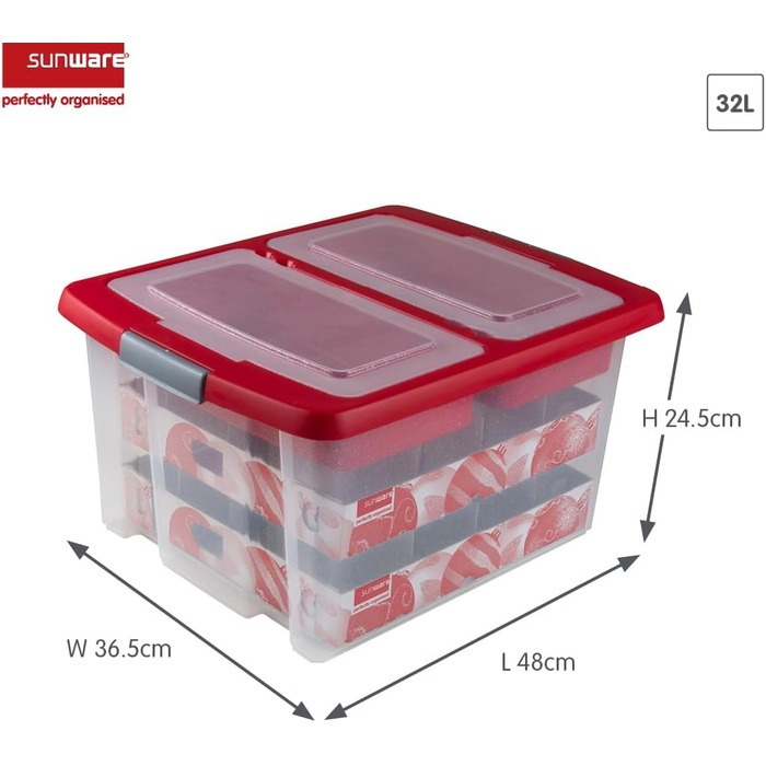 Ялинкова коробка SUNWARE Nesta 32 л з лотками для 32 іграшок (Ø70-80 мм) - прозора/червона