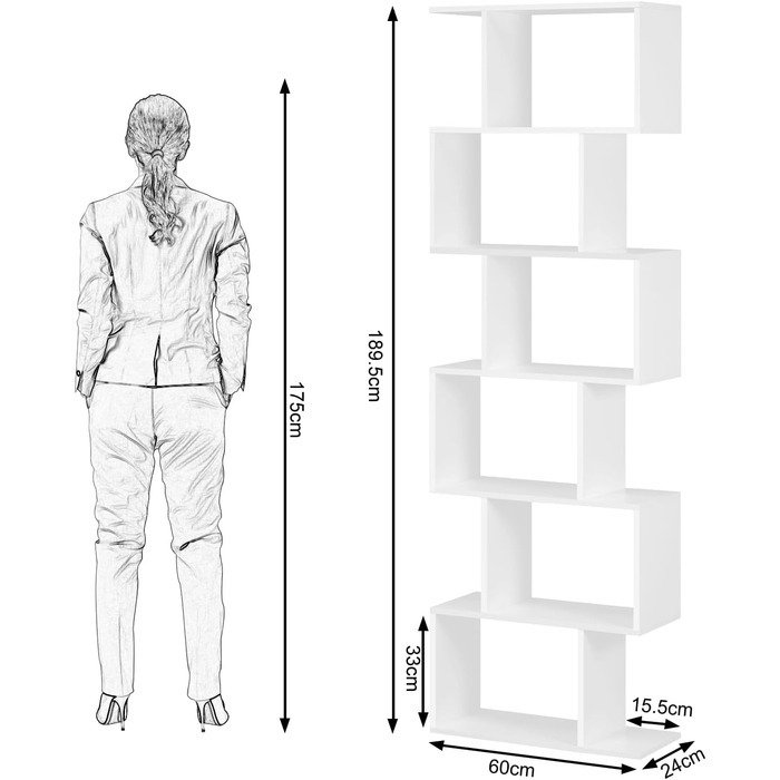 Книжкова шафа WOLTU 6 ярусів, біла, S-подібна, сучасна, 60x189.5x24 см, для вітальні/офісу, SK044ws