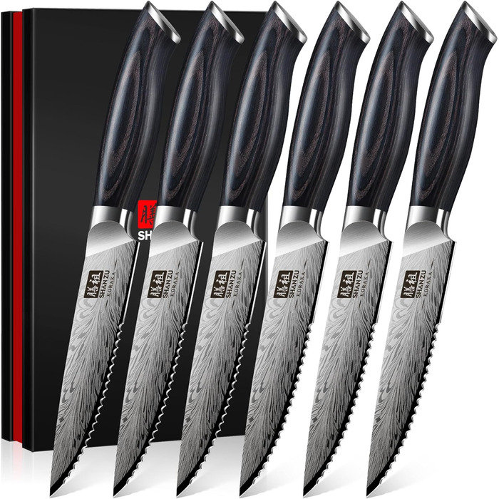 Японський ніж для кухні SHAN ZU з порошкової сталі, професійний ніж шеф-кухаря з високим вмістом вуглецю, з ергономічною ручкою з паккавуда (набір з 6 ножів для стейку, 11.5 см)