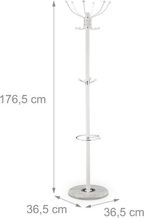 Стійка для одягу Relaxdays з підставкою для парасольки, 16 гачків, 176,5 x 36,5 см, з мармуровим основанням, золота/біла