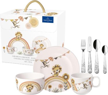 Дитячий посудовий набір Villeroy & Boch Boho Kids 'Roar like a lion' 7 предметів, преміум-посуд з нержавіючої сталі, безпечний для миття в посудомийній машині та використання в мікрохвильовій печі, з зображенням лева та мавпи