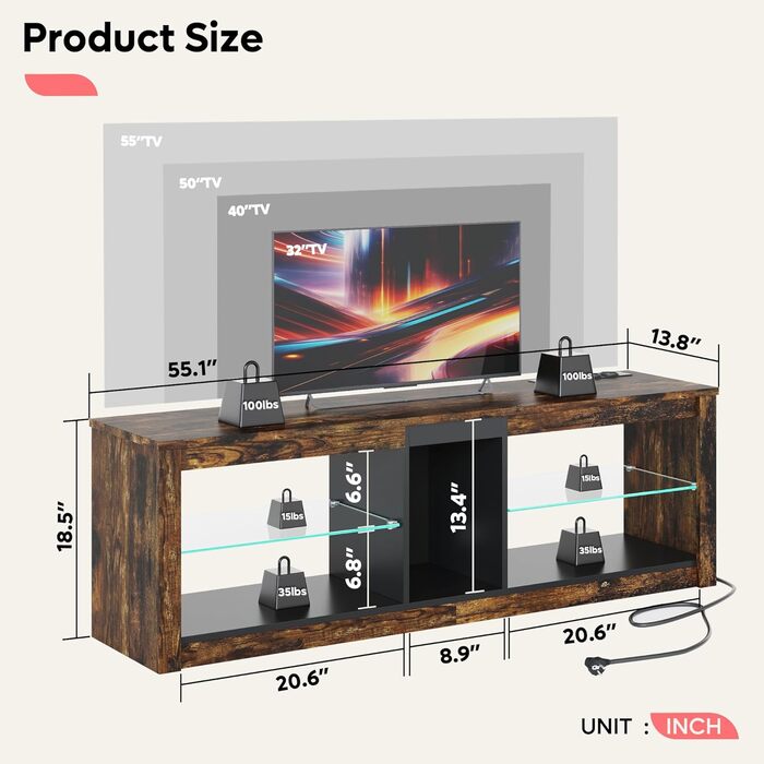 Тумба під TV Bestier, 160x35x52 см, для телевізорів до 65 дюймів, з RGB-підсвічуванням, керуванням кабелів та регульованою скляною полицею (140 см + розетка), колір - коричневий