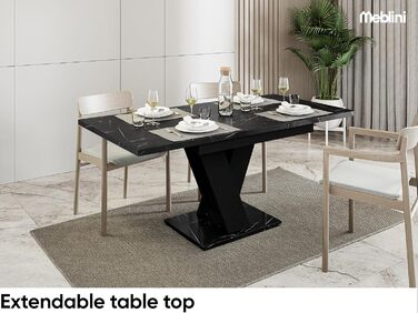 Обідній стіл Mebleini розсувний, сучасний, чорний глянцевий/білий глянцевий (120-160x80x75см, чорний мармур/чорний матовий)