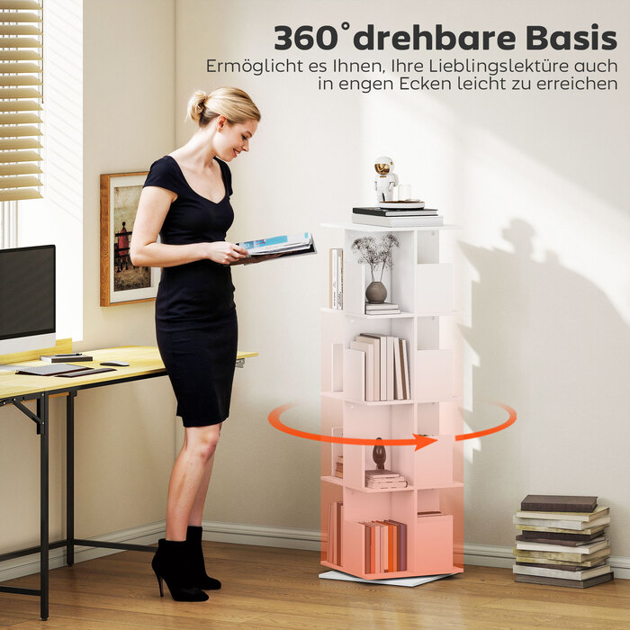 Поворотна книжкова полиця з 4 ярусами та 16 відділеннями, забезпечує легкий доступ, ідеально підходить для спальні, вітальні або кабінету. Виготовлена з ДСП, колір – білий.