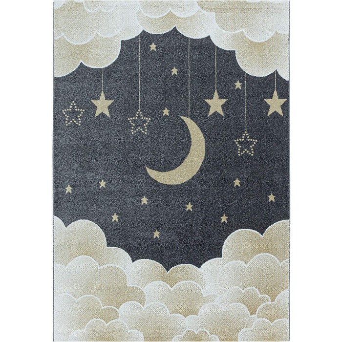 Дитячий килим HomebyHome з коротким ворсом у вигляді зоряного неба, Місяця, хмар, м'який дизайн для дитячої кімнати, Колір рожевий, Розмір (140x200 см, жовтий)