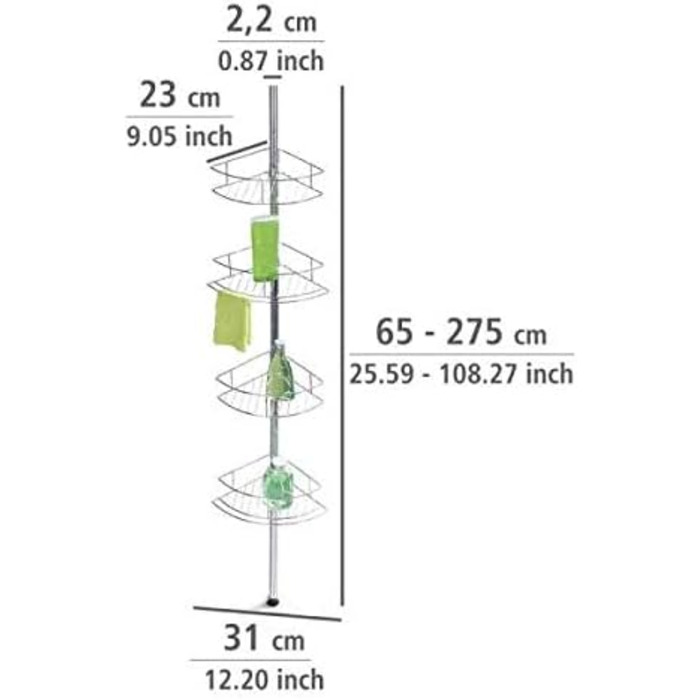 Телескопічна кутова полиця WENKO Dolcedo Bamboo, 4 полиці, регулюється по висоті, нержавіюча сталь/бамбук, 365-275x20 см