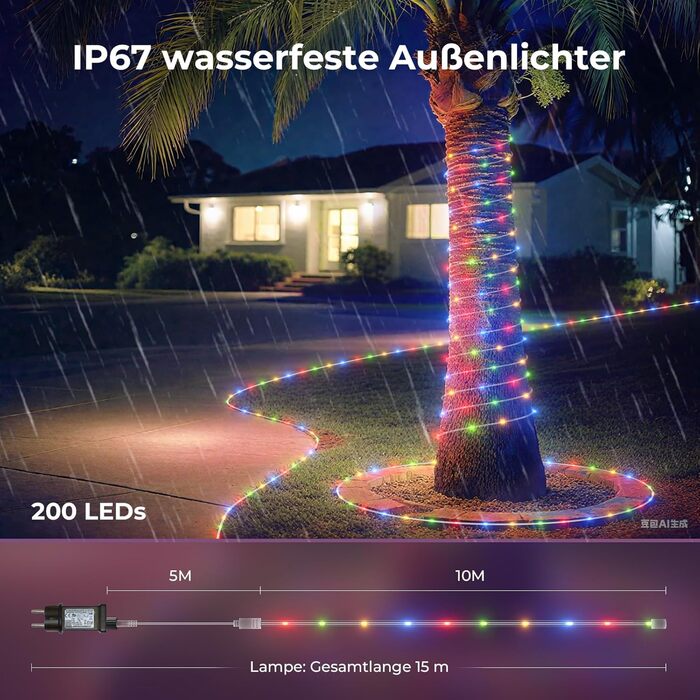 LED гірлянда для декорування: 24 лампочки, 12 м, RGB, тепле біле світло, 8 режимів, таймер, димування. Підходить для дому, саду, балкону, вечірки, весілля, святкування Різдва.