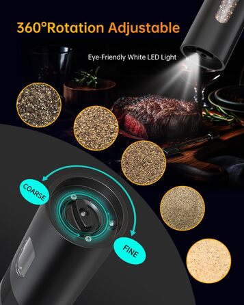 Електричні солі та перечні млини CIRCLE JOY з підставкою, чорні. Набір з LED-підсвіткою, регульована ступінь помелу, 110 мл, нержавіюча сталь