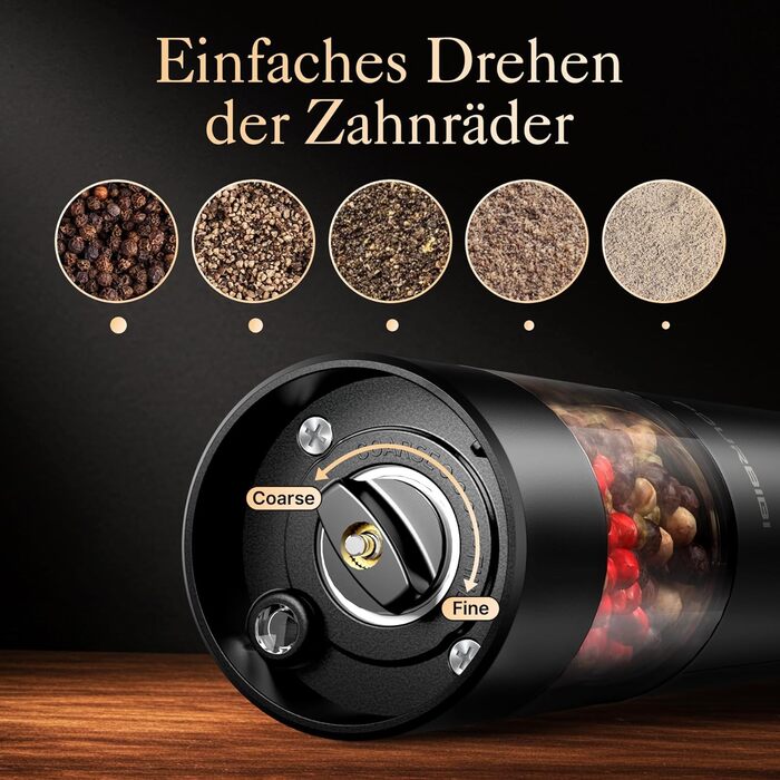 Електричні мельниці для солі та перцю 2 шт. з USB-C зарядкою, 100 мл, 6 ступенів помелу, для зручного використання однією рукою, з LED-підсвічуванням, керамічний жорно, для спецій