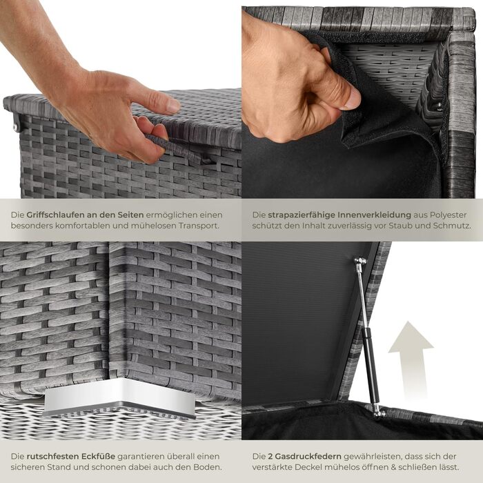 Скриня для зберігання садових речей Tectake з поліротангу, 750 л, чорна - водонепроникна, з газовими амортизаторами, 145x82.5x79.5 см