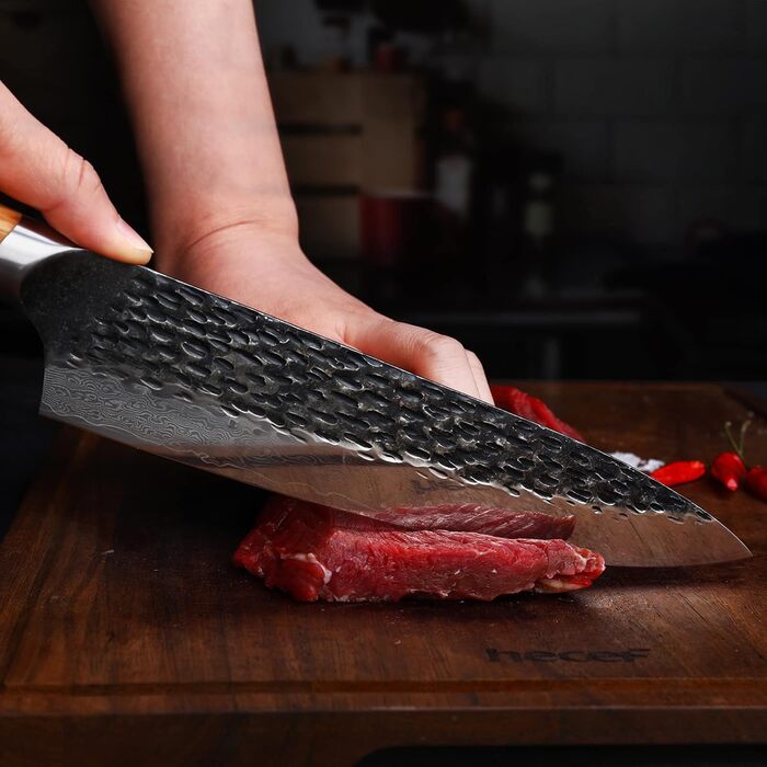 Ніж кухарський Damast 20 см Hecef, професійний ніж шеф-кухаря, японський ніж з 67 шарів дамаської сталі, гостре м'ясне лезо з ручкою з оливкового дерева