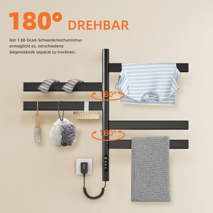 Електричний сушильник для рушників ZOYI 180° поворотний, 140W, чорний (сушарка для ванної кімнати, настінний)