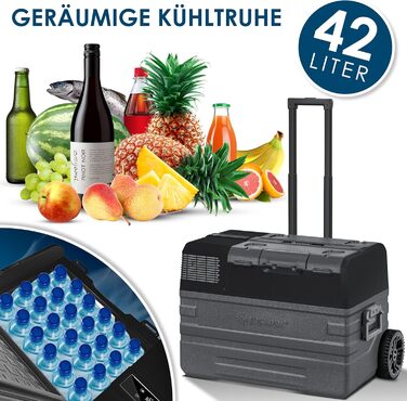 Автомобільний компресорний холодильник KESSER 42L з Wi-Fi, 12/24/230V. Морозильна камера до -20°C, колеса, телескопічна ручка для кемпінгу, фургону, вантажівки + 2 акумулятори холоду