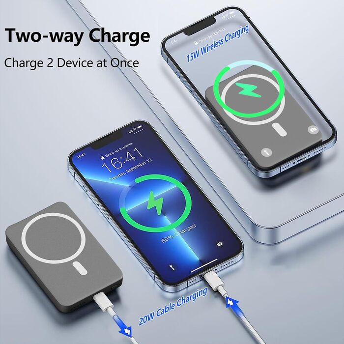 Бездротовий, USB-C, 20 Вт, магнітний для iPhone 15/14/13/12, чорний, 5000mAh