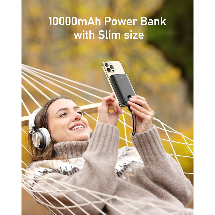 Для iPhone, Samsung, Xiaomi, Чорний, 22.5W Mini Power Bank 10000mAh USB C PD3.0 QC3.0